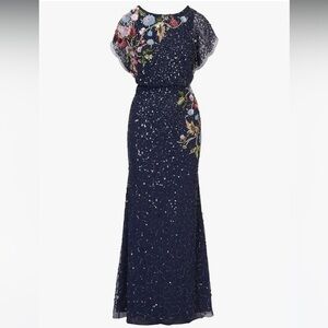 Adrianna Papell 16W Floral Beaded Formal Maxi Gown Sequin Mermaid Dolman Sleeve